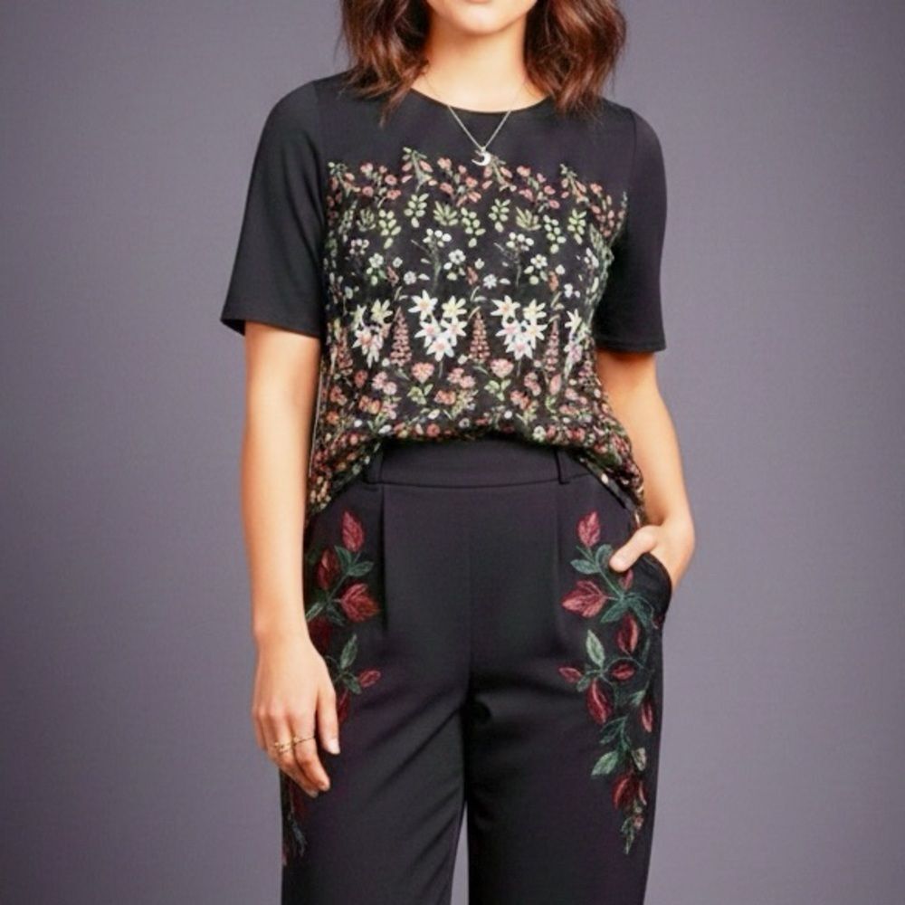 Marks & Spencer Per Una Black Floral Mixed Media Top XS Cottagecore Whimsigoth